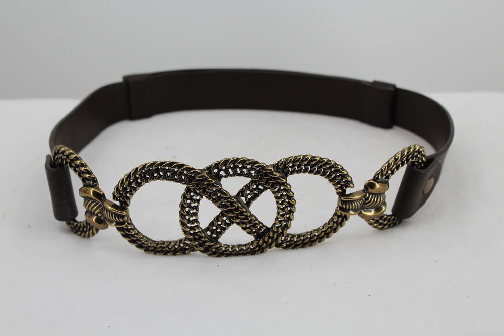 Chico's Leather Gold Braided Buckle Adjustable Belt Women M/L Pebbled Dark Brown